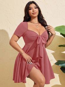 Flirla Váy bó sát tay ngắn buộc dây phía trước gợi cảm cỡ lớn dành cho nữ, mùa hè - Màu Hồng  San hô - Xem 3