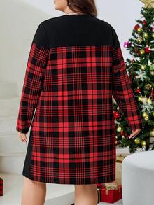 SHEIN CURVE+ Sukienka w kratę i patchwork w dużym rozmiarze, czerwona, casualowa, świąteczna sukienka dla kobiet - Wielokolorowe - Zobacz 2