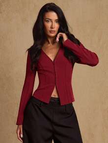 Glamine Áo khoác dài tay cài nút cổ sơ mi thanh lịch, tối giản, hở phía trước, dành cho nữ, áo khoác blazer đỏ, áo khoác đỏ tía, áo khoác đỏ rượu vang, áo khoác đỏ sẫm, áo khoác Giáng sinh cho nữ - Đỏ - Xem 3