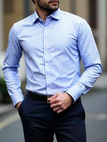 Manfinity Homme 加大码男士休闲通勤条纹衬衫，适合秋季穿着，长袖上衣