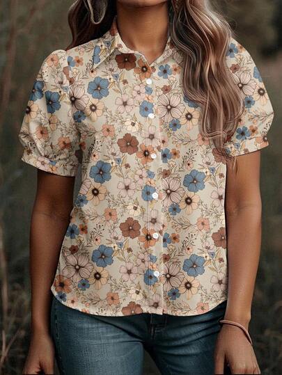 EMERY ROSE Casual Minimalist Floral All-Over Print Plus Size Shirt, Suitable For Summer,Holiday For Women Chic Blouses For Women