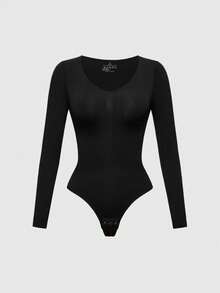 SHAPORA Seamless V-Neck Long Sleeve Slim Fit Shapewear Thong Bodysuit Body Shaper Butt Lifter-Tummy Waist Thigh Control  Cozy And Elegant Details - Black - View 2