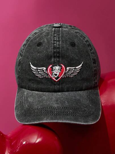 Betty Boop x SHEIN 时尚经典休闲百搭运动黑灰简约天使翅膀刺绣女式棒球帽升级版，日常休闲防晒，帽型挺括不变形，送礼佳品，适合派对、节日、情人节等场合。