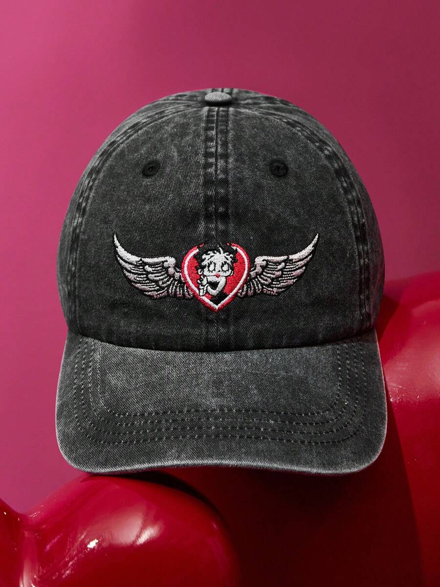 Betty Boop x SHEIN 时尚经典休闲百搭运动黑灰简约天使翅膀刺绣女式棒球帽升级版，日常休闲防晒，帽型挺括不变形，送礼佳品，适合派对、节日、情人节等场合。 - 黑色 - 查看 1