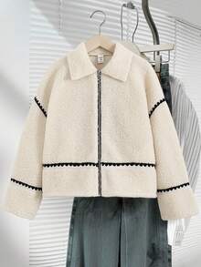 SHEIN Serisse Kids Giacca oversize in pile teddy con colletto e bordi a contrasto, stile casual da strada per ragazze pre-adolescenti, adatta per l'autunno/inverno - Bianco - Visualizzare 5
