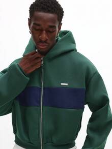 SUMWON Jaqueta com Capuz Zíper Completo Colorblock Ajustada de Peso Pesado com Cordão de Contraste para Streetwear Casual de Inverno - Verde - Visão 3