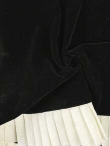 SHEIN Tall 高个女款黑色丝绒拼接撞色褶皱时尚简约迷人露肩大下摆拉链迷你连衣裙，公主风，优雅，适合约会、派对、情人节等场合，百搭必备黑色连衣裙 - 黑與白 - 查看 4