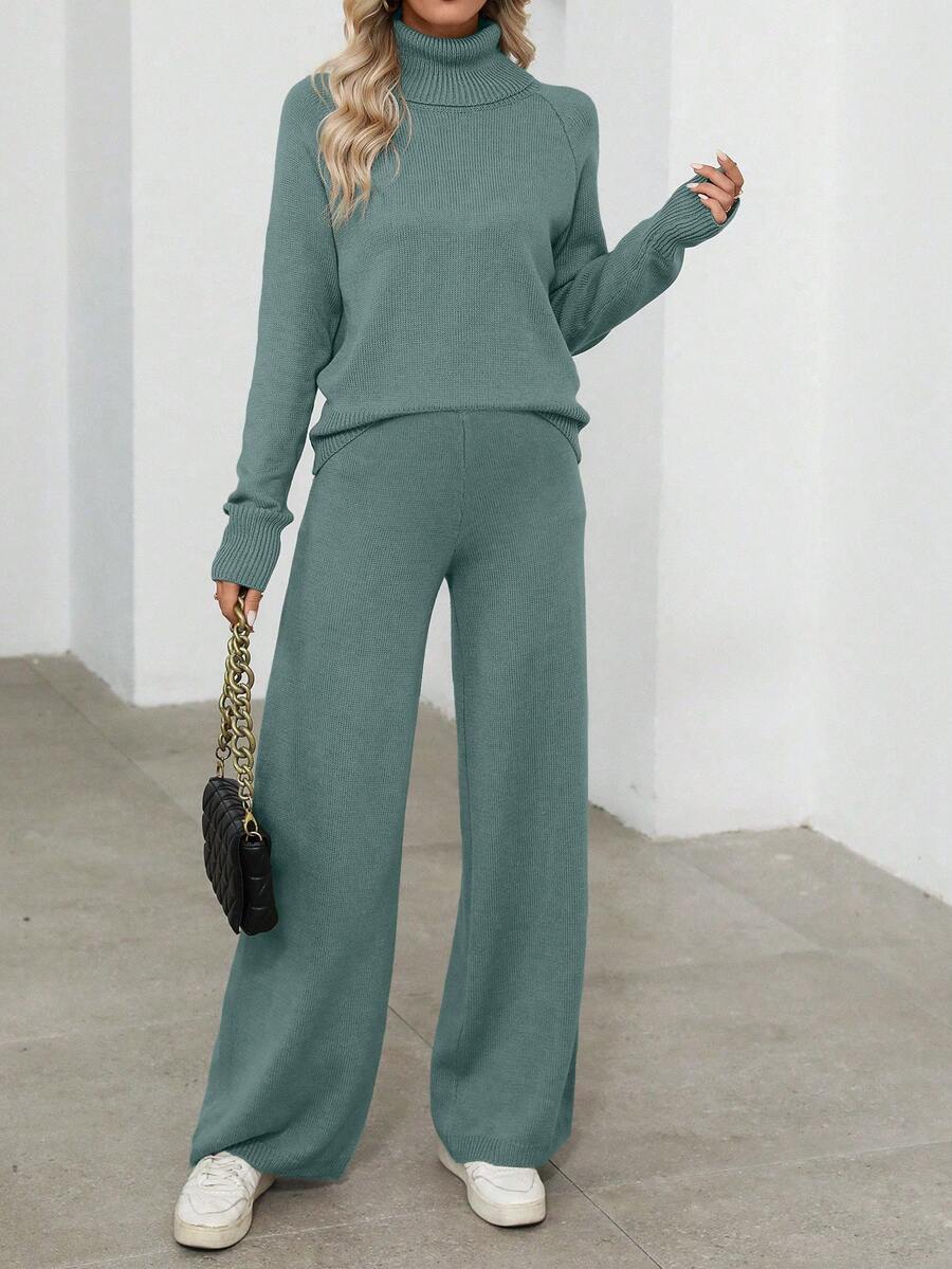 EMERY ROSE 2pcs/Set Women Solid Color Casual Long Sleeve Sweater Top And Pants - Dusty Blue - View 1