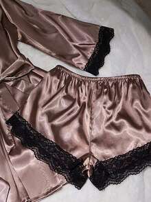 SilkySpell 4pcs/Set Women Sexy Satin Camisole Top, Pants, Elegant Robe, Shorts, Plus Size Pajama Set, Khaki, All Season, Outerwear Satin Sleepwear Set Satin Robe Set Satin Sleep Set Fall Winter Clothes - Brown - View 3