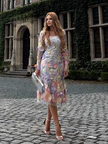 FLORETTA ÉLENA 女士方领优雅刺绣花卉手工 A 字连衣裙（印花不对称剪裁） - 淡紫色 - 查看 1