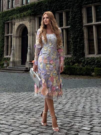 FLORETTA ÉLENA 女士方领优雅刺绣花卉手工 A 字连衣裙（印花不对称剪裁）