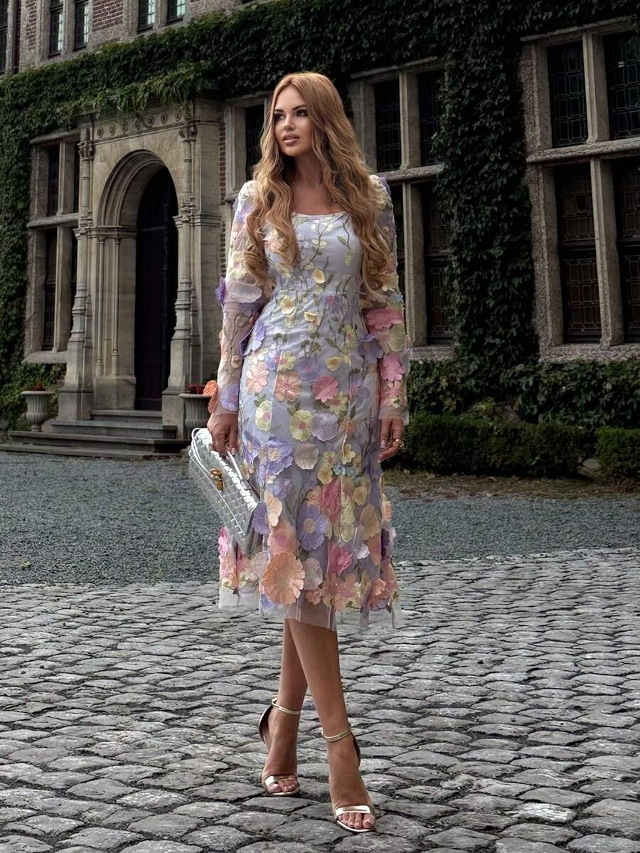 FLORETTA ÉLENA 女士方领优雅刺绣花卉手工 A 字连衣裙（印花不对称剪裁） - 淡紫色 - 查看 1