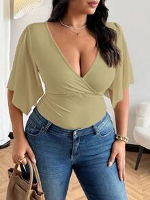 Vionelle Stylish Sexy Criss-Cross V-Neck Short Sleeve T-Shirt For Women, Summer Design Minimalist Ruched Waist Niche Crop Top - Khaki - View 5