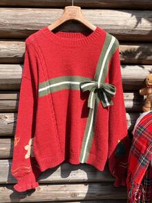 Comfortcana 女式圣诞拼色条纹蝴蝶结装饰毛衣圣诞礼物图案秋冬女装 - 酒紅色 - 查看 4