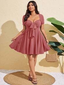 Flirla Váy bó sát tay ngắn buộc dây phía trước gợi cảm cỡ lớn dành cho nữ, mùa hè - Màu Hồng  San hô - Xem 6