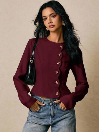 Poéselle Women's Fashionable Commuter Starfish Button Solid Color Shirt,Fall,Fall Clothes For Women,Blusas Elegante Para Mujer