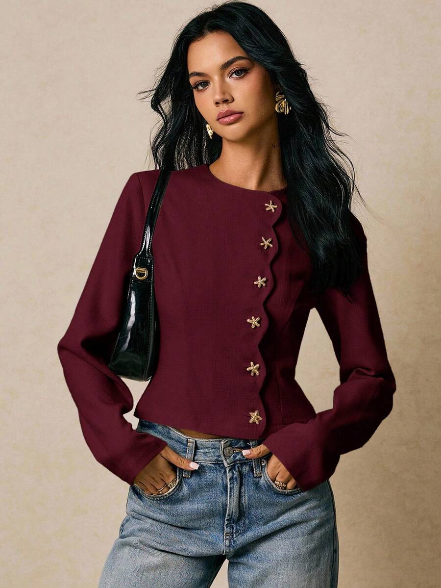 Poéselle Women's Fashionable Commuter Starfish Button Solid Color Shirt,Fall,Fall Clothes For Women - Burgundy - View 1