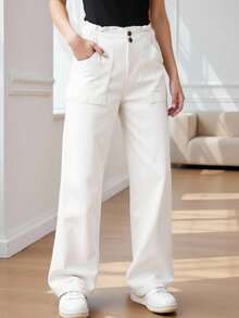 SHEIN Cô gái Tween Giải trí Eo cao quần ống rộng Quần jean Với Lớn Túi Và Xếp , Thích hợp Đối với Mặc hàng ngày Và bờ biển Kỳ nghỉ - trắng - Xem 6