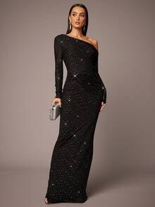 Silquee Svart mesh, vriden, rynkad, sned axel, rak passform, långärmad, elegant och sexig klänning för kvinnor, lämplig för romantiska dejter, alla hjärtans dag, vardagskläder, tillfälliga dejter, fester, sammankomster, festivaler, bröllop, utekvällar, nattklubbar, cocktailpartyn - Svart - Visa 4