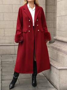 Juhart 圣诞节加大码女式纯色翻领长袖双排扣口袋优雅冬装外套，中长款收腰高档夹克 - 酒紅色 - 查看 7