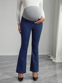 SHEIN 孕妇时尚通勤修身喇叭牛仔裤 - 深色水洗藍 - 查看 5