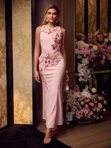 MOTF Soiréza 女士优雅长裙，饰有串珠刺绣和手工 3D 花卉装饰，适合婚礼 - 粉色 - 查看 6