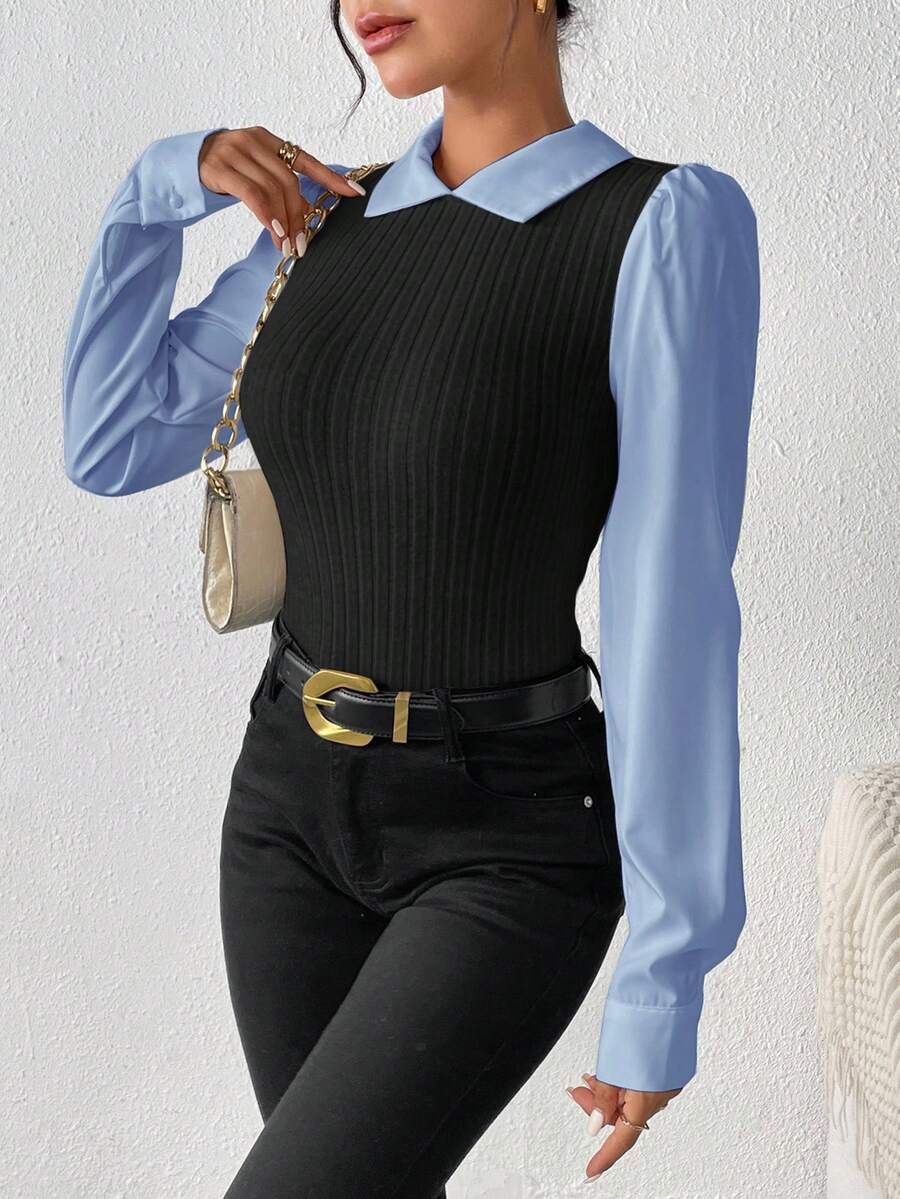 SHEIN Frenchy 女式撞色领长袖罗纹时尚上衣 - 黑色 - 查看 1