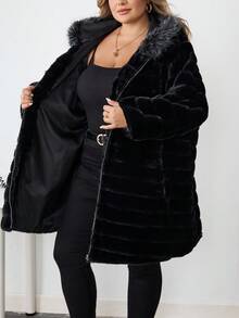 SHEIN CURVE+ 大码女式蓬松仿毛领冬季大衣 - 黑色 - 查看 9