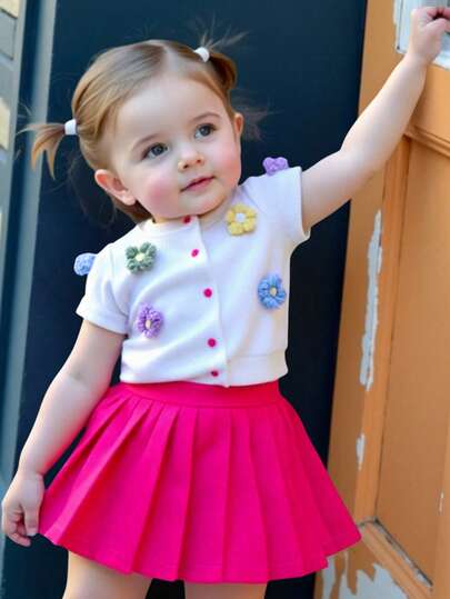 SHEIN 2pcs Baby Girls Summer Outfit: Embroidered Knit Shirt + Solid Color Pleated Skirt