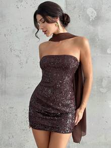 Firerie 女士新款优雅棕色亮片闪亮面料露肩系腰迷你连衣裙，适合派对、音乐节、秋季时尚、婚礼宾客礼服、性感俱乐部服装、外出服装 - 棕色 - 查看 9
