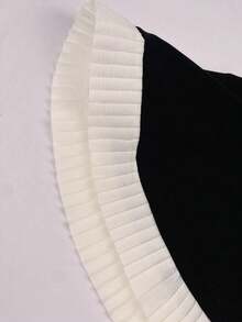 SHEIN Tall 高个女款黑色丝绒拼接撞色褶皱时尚简约迷人露肩大下摆拉链迷你连衣裙，公主风，优雅，适合约会、派对、情人节等场合，百搭必备黑色连衣裙 - 黑與白 - 查看 7