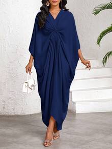 SHEIN Lady 2025 New Women's Casual Loose Batwing Sleeve Dress, Navy Blue, Suitable For Holiday Vacation Wear, Women's Bohemian Style/Bohemian Style/Bohemian Women's Clothing Royal Blue Elegant Dress Women Draped Dress