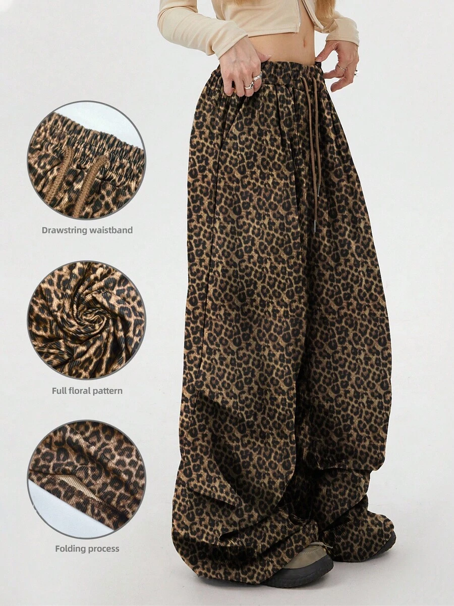 INAWLY Leopard Print Pattern Loose Fit Wide Leg Women Sports Pants, Great Gift For Friends