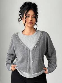 Dazy Plus Plus Size Women Contrast Color Block 2 In 1 Pearl Decor Pullover Sweater - Grey - View 3