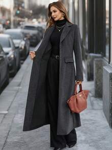 EMERY ROSE 花卉图案灰色缺角领单排扣优雅长款女士大衣