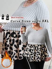 SHEIN CURVE+ 大码女士休闲优雅豹纹罗纹拼布毛衣，秋冬 - 彩色 - 查看 7