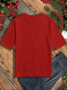 SHEIN EZwear Lässiges, lockeres Damen-T-Shirt mit weihnachtlichem Lebkuchenmann- und Weihnachtsbaum-Motiv, Rundhalsausschnitt und kurzen Ärmeln, geeignet für Sommer und Weihnachten. Rotes Oberteil