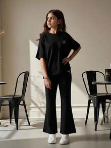 Tween Girl "Find Inner Peace" Butterfly Print Round Neck Short Sleeve T-Shirt And Knit Flare Pants Set, Y2K Style - Black - View 3