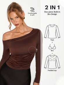 Nuvra Sexy Asymmetric-Shoulder Design Versatile Slim Fit Long Sleeve T-Shirt - Brown - View 1