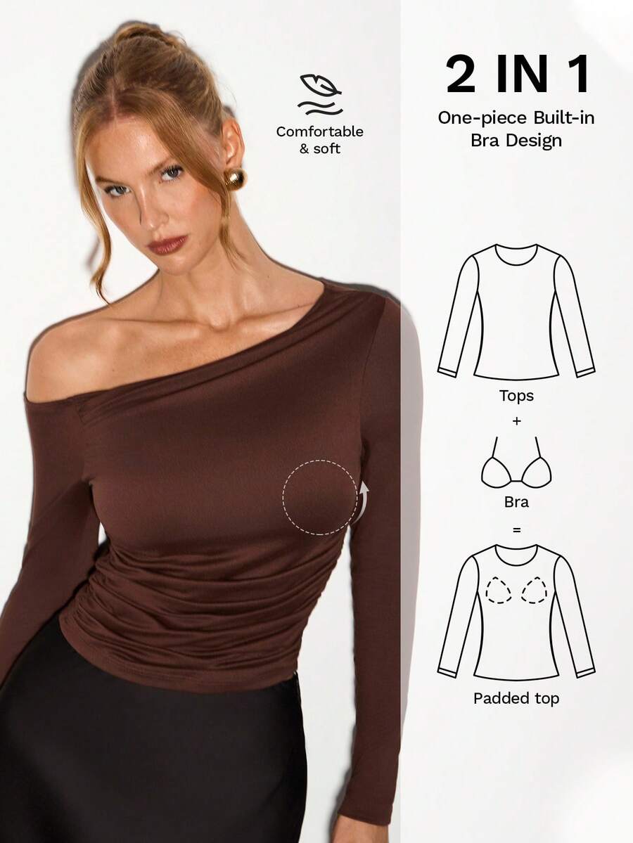 Nuvra Sexy Asymmetric-Shoulder Design Versatile Slim Fit Long Sleeve T-Shirt - Brown - View 1