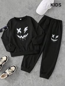 PAVTROS Costume de survêtement imprimé drôle dans le style décontracté universitaire pour adolescents garçons, convenant pour l'école, les sorties décontractées, les sports - Noir - Voir 1