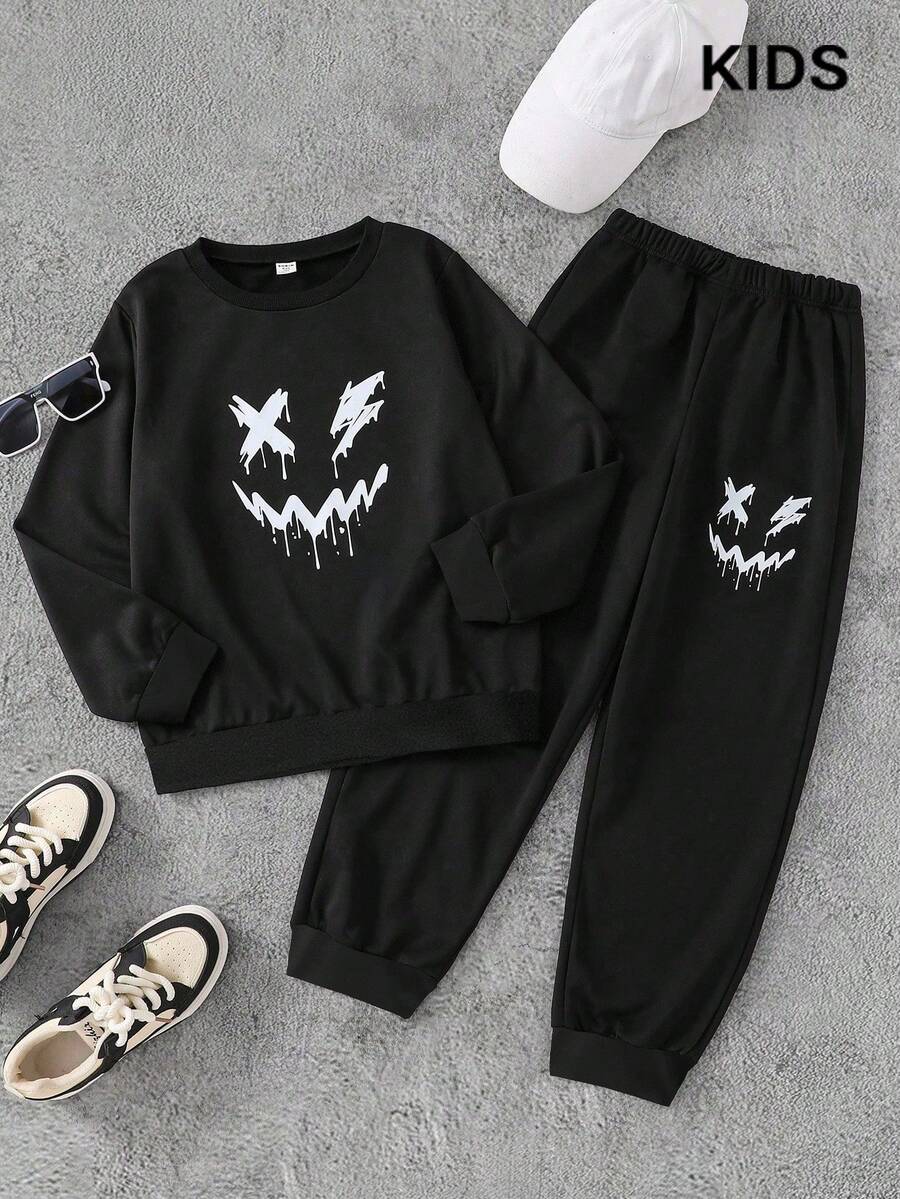 PAVTROS Costume de survêtement imprimé drôle dans le style décontracté universitaire pour adolescents garçons, convenant pour l'école, les sorties décontractées, les sports - Noir - Voir 1