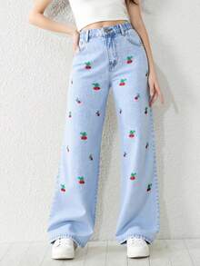 SHEIN Jeansy dla dziewcząt w stylu casual z haftem i prostą nogawką