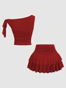 Sweetra Damen Sommer Bronze Metallic Blumen Trägerhemd & plissierter mehrlagiger Mini-Rock Set - Rot - Übersicht 2