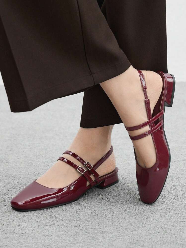 CUCCOO BIZCHIC Women's Square Toe Flat Mary Jane Shoes, Burgundy, Simple Design With Strap, Casual, Commute, Date, Party, Holiday For Christmas Spring Shoes