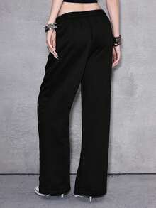 ROMWE Avant Y2K Baddie Punk Girl Bow, Pixel Star, Moon, Heart, Swirl, Rose Print Drawstring Loose Fit Sweatpants With Rhinestones - Black - View 5