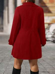 EMERY ROSE 黑色翻领纽扣装饰腰部收紧中长款女式大衣 - 紅色 - 查看 2