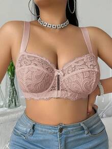DesireSculpt 1pc Plus Size Women Lace Bow Decor Fashion Underwire Lingerie Bra, Lift - Apricot - View 4