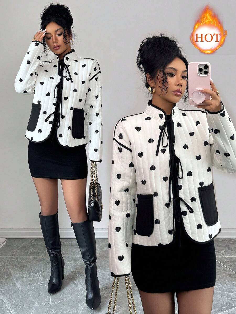 Elenzga Jaqueta Fashionável Feminina com Estampa de Coração e Cadarço, Inverno - Damasco - Visão 1