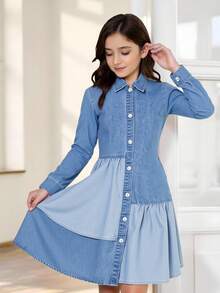 SHEIN Tween Girls Fashion Casual Y2k Vintage Cool Street Returns To School College Short Denim Long-Sleeved Shirt Dress With A Deep And Light Blue Color Contrast Design For Tween Girl Clothes Tween Girls Costume Dailywear And Tween Girl Winter And Fall Rave Outfits Festival And Outfits Streetwear School Clothes